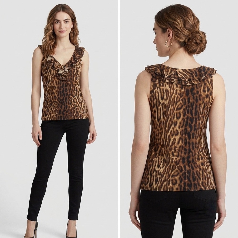 Lauren Ralph Lauren‎ Petite Small Leopard Print Ruffle V-Neck Sleeveless Top PS